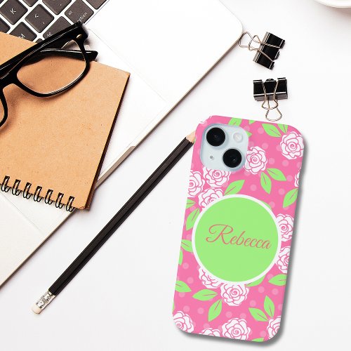 Monogram Pink Green Floral Trendy Chic iPhone 15 Case