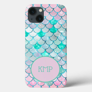 Monogram Pink Green Glitter Mermaid Scales iPhone 13 Case