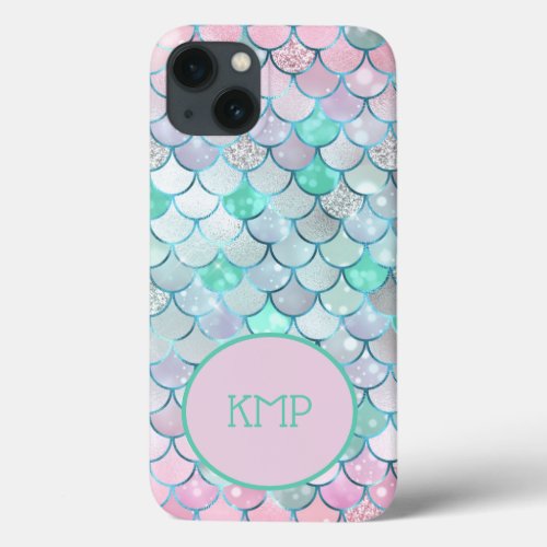 Monogram Pink Green Glitter Mermaid Scales iPhone 13 Case