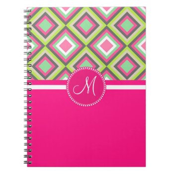 Monogram Pink Green Gray Diamonds Square Pattern Notebook by PrettyPatternsGifts at Zazzle