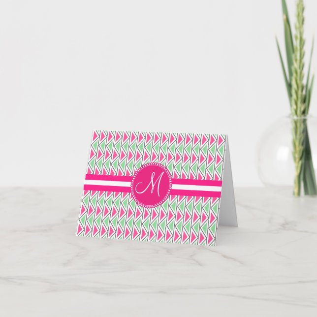 Monogram Pink Green Gray Triangle Tribal Pattern Note Card (Front)