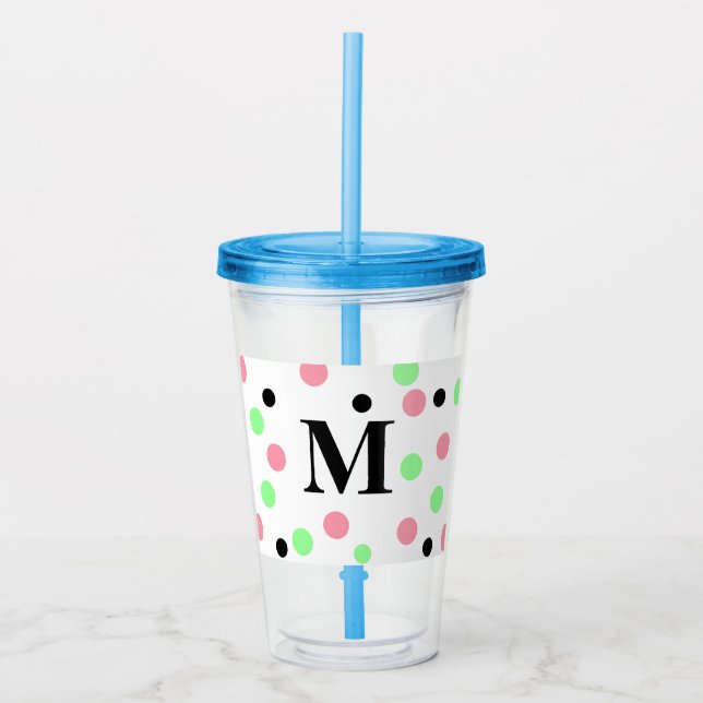 Monogram Pink Green Polka Dots Acrylic Tumbler (Front)