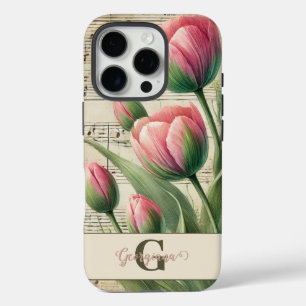 Monogram Pink & Green Vintage Tulips Sheet Music iPhone 16 Pro Case