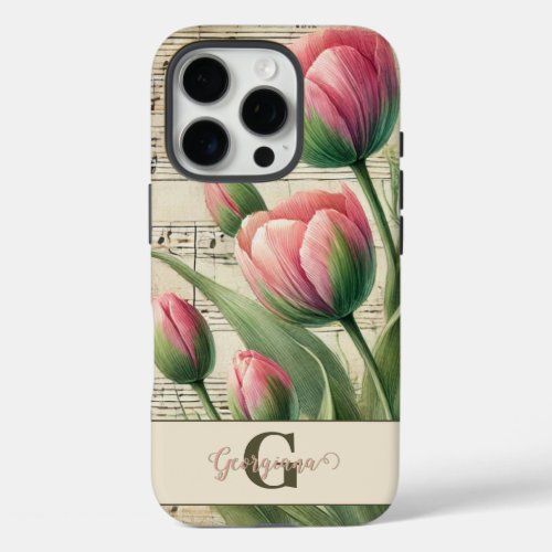 Monogram Pink & Green Vintage Tulips Sheet Music iPhone 16 Pro Case