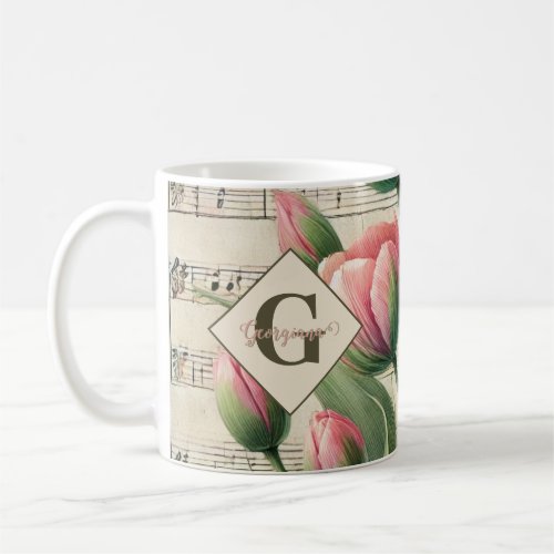 Monogram Pink & Green Vintage Tulips Sheet Music