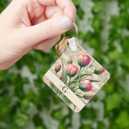 Monogram Pink &amp; Green Vintage Tulips Sheet Music Keychain