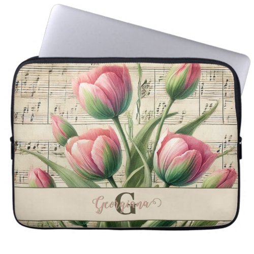 Monogram Pink &amp; Green Vintage Tulips Sheet Music Laptop Sleeve