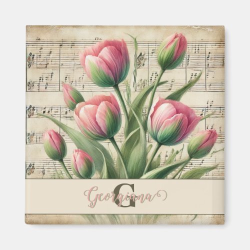 Monogram Pink &amp; Green Vintage Tulips Sheet Music Magnet
