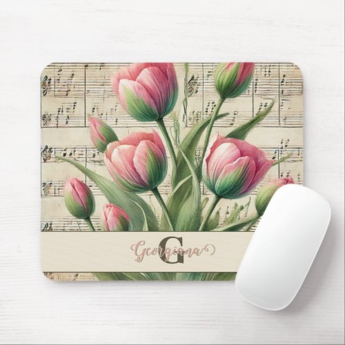 Monogram Pink &amp; Green Vintage Tulips Sheet Music Mouse Pad