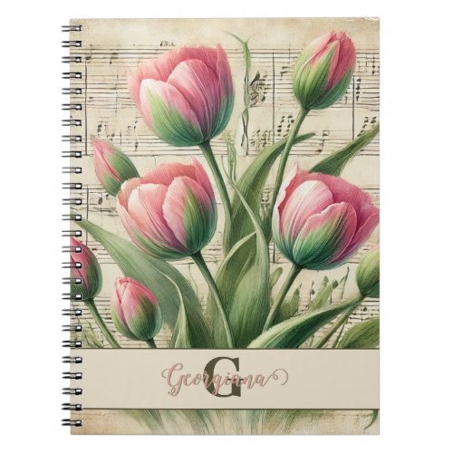 Monogram Pink &amp; Green Vintage Tulips Sheet Music Notebook