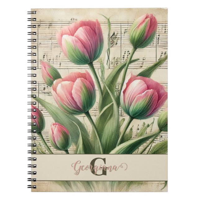 Monogram Pink & Green Vintage Tulips Sheet Music Notebook (Front)