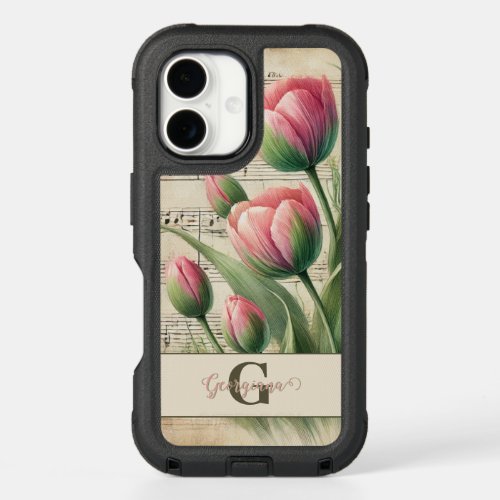 Monogram Pink &amp; Green Vintage Tulips Sheet Music iPhone 16 Case