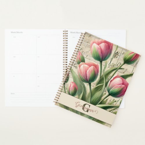 Monogram Pink &amp; Green Vintage Tulips Sheet Music Planner