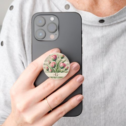 Monogram Pink &amp; Green Vintage Tulips Sheet Music PopSocket
