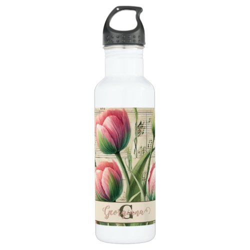 Monogram Pink &amp; Green Vintage Tulips Sheet Music Stainless Steel Water Bottle