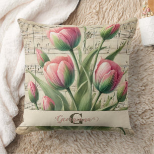Monogram Pink & Green Vintage Tulips Sheet Music Throw Pillow