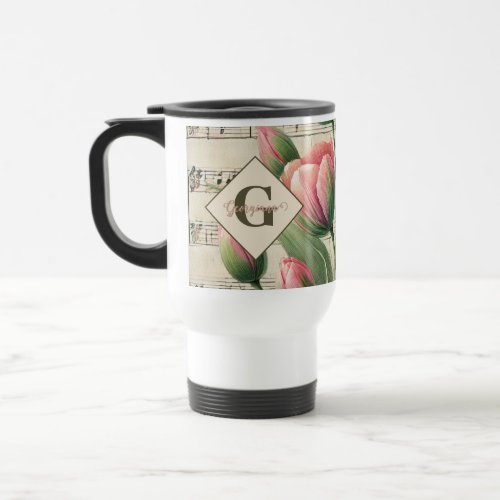 Monogram Pink & Green Vintage Tulips Sheet Music Travel Mug