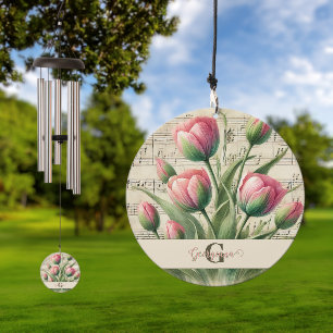 Monogram Pink & Green Vintage Tulips Sheet Music Wind Chime