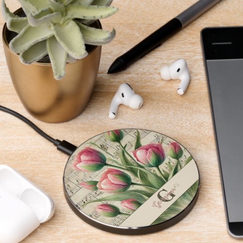Monogram Pink &amp; Green Vintage Tulips Sheet Music Wireless Charger