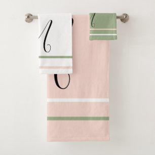 Monogram Pink Green White Stripes Bath Towel Set