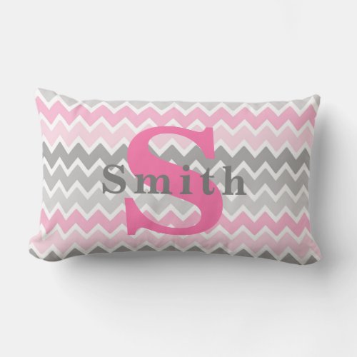 Monogram Pink Grey Gray Ombre Chevron Pattern Girl Lumbar Pillow