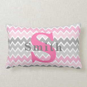 Monogram Pink Grey Gray Ombre Chevron Pattern Girl Lumbar Pillow