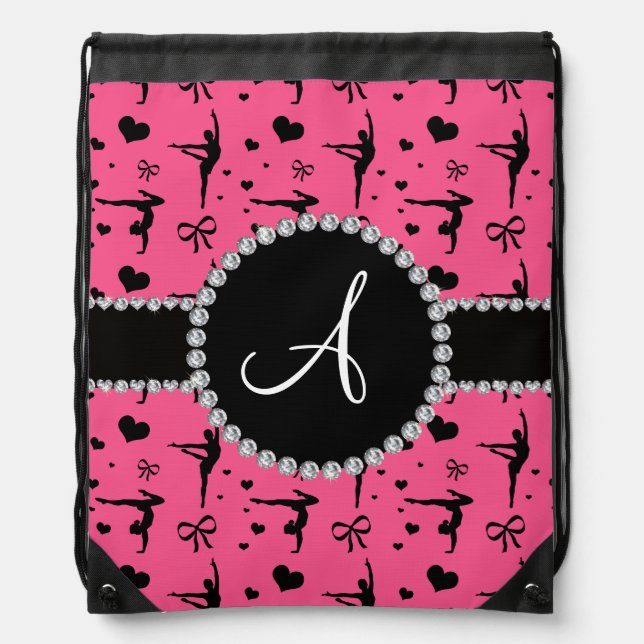 Monogram pink gymnastics hearts bows drawstring bag (Front)