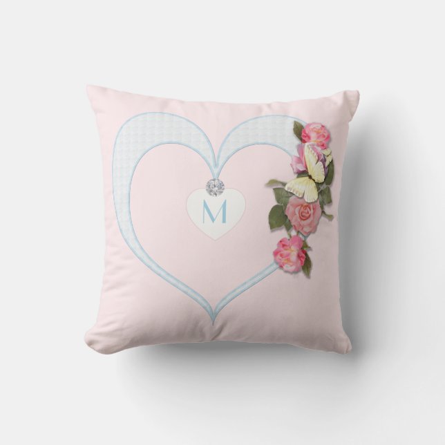 Monogram Pink, Heart,Flowers, Butterfly - Diamond Throw Pillow (Front)
