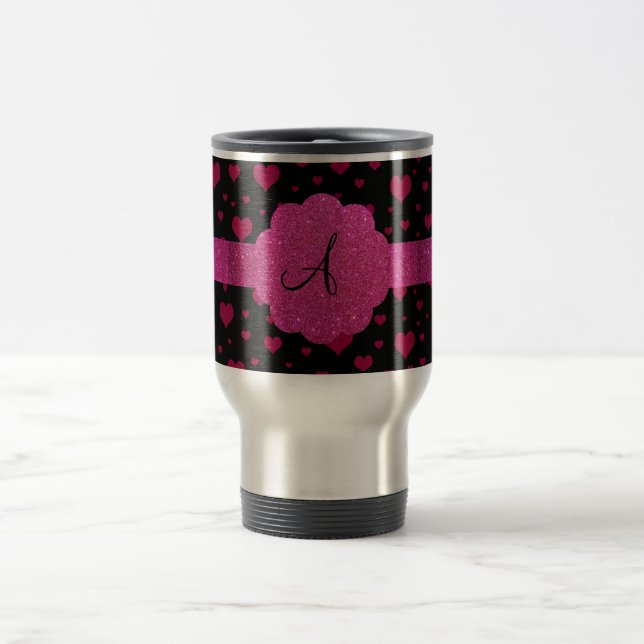 Monogram pink hearts glitter travel mug (Center)