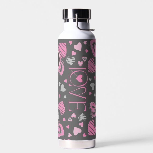 Monogram Pink Hearts Love Valentines Day Water Bottle (Left)