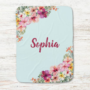 Monogram Pink Hibiscus Flowers Tropical Floral Baby Blanket