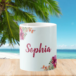 Monogram Pink  Hibiscus Flowers Tropical Floral  Coffee Mug