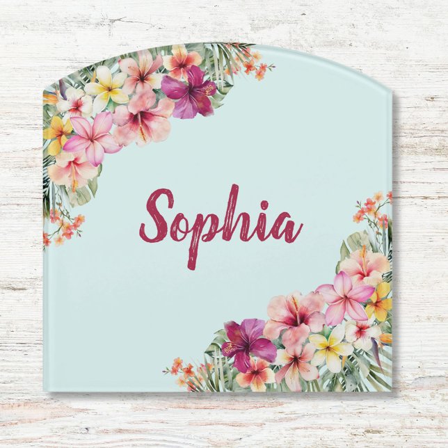 Monogram Pink Hibiscus Flowers Tropical Floral Door Sign (Close up)