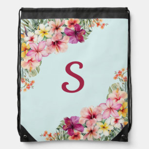 Monogram Pink Hibiscus Flowers Tropical Floral Drawstring Bag