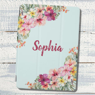 Monogram Pink Hibiscus Flowers Tropical Floral iPad Pro Cover