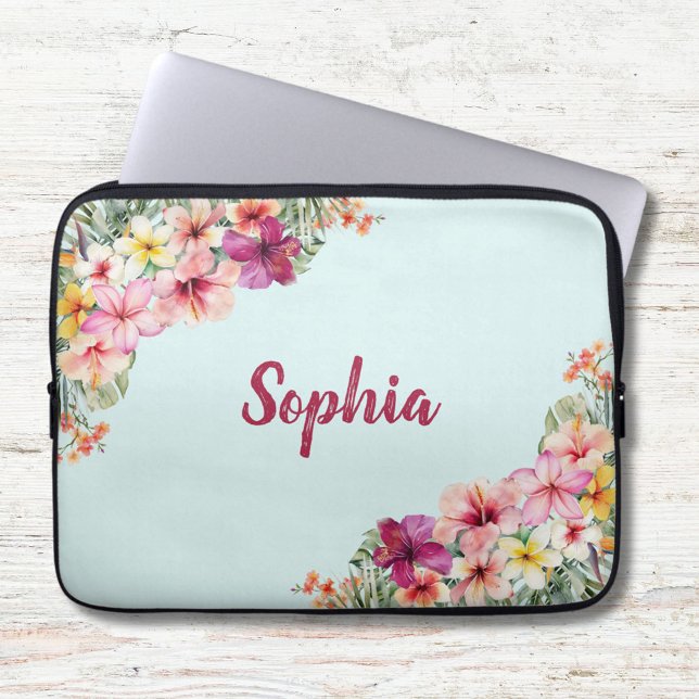 Monogram Pink Hibiscus Flowers Tropical Floral Laptop Sleeve (Close up)