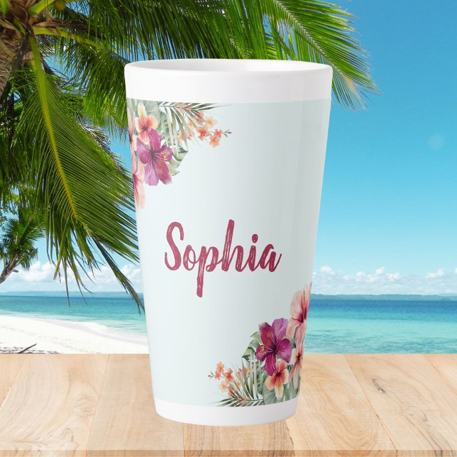 Monogram Pink  Hibiscus Flowers Tropical Floral  Latte Mug (In situ)