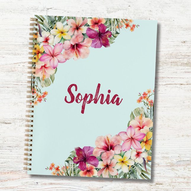 Monogram Pink Hibiscus Flowers Tropical Floral Notebook (In situ)
