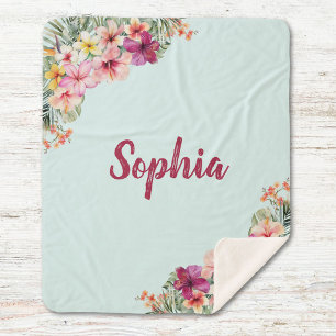 Monogram Pink Hibiscus Flowers Tropical Floral Sherpa Blanket
