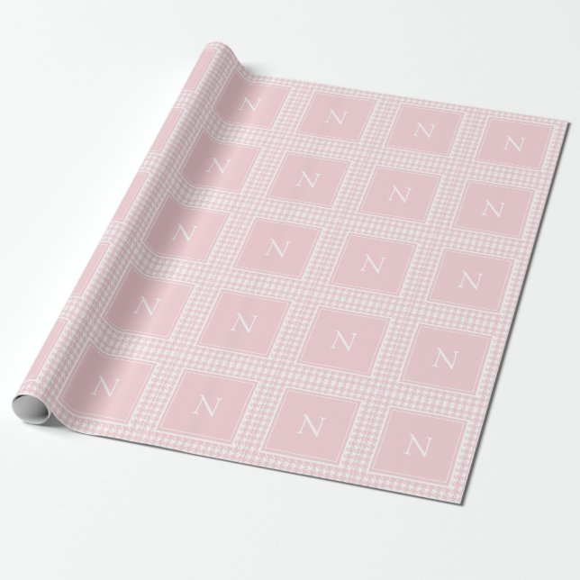 Monogram Pink Houndstooth  Wrapping Paper (Unrolled)