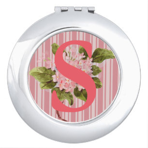 Monogram Pink Hydrangea Flowers and Stripes Girly Compact Mirror