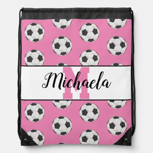 Monogram Pink Initial Soccer Ball Pattern Drawstring Bag (Front)