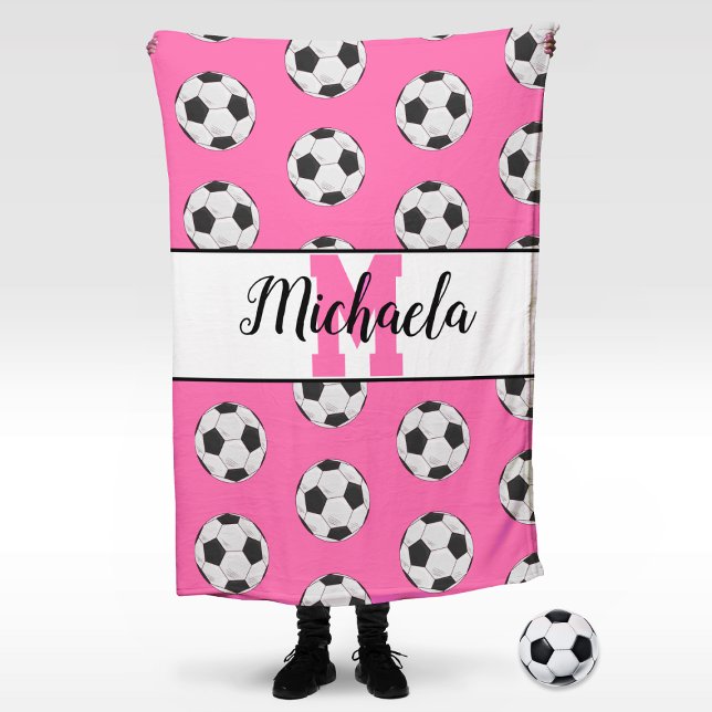 Monogram Pink Initial Soccer Ball Pattern Fleece Blanket (Customize with the name and monogram of your favorite soccer player! Or add their jersey number!)