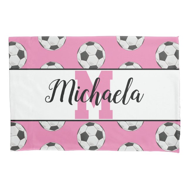 Monogram Pink Initial Soccer Ball Pattern Pillow Case (Front)