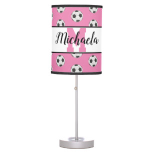 Monogram Pink Initial Soccer Ball Pattern Table Lamp