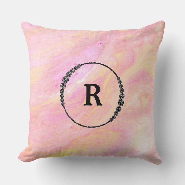 *~* Monogram Pink Iridescent Abrstract Marble Throw Pillow (Front)
