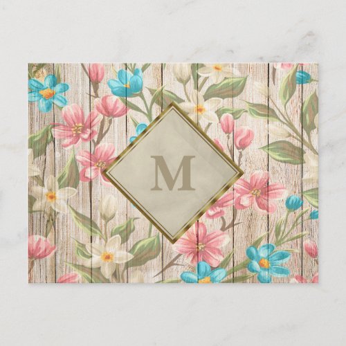 Monogram Pink Ivory Blue Floral Light Gray Rustic Postcard