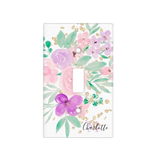 Monogram pink lavender floral watercolor chic gold light switch cover