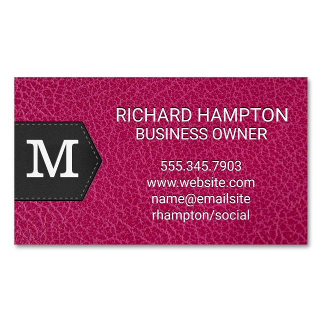 Monogram | Pink Leather and Patch Business Card Magnet (Front)