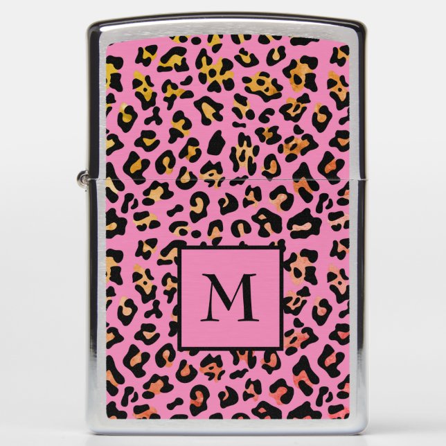 Monogram Pink Leopard Animal Print Zippo Lighter (Front)